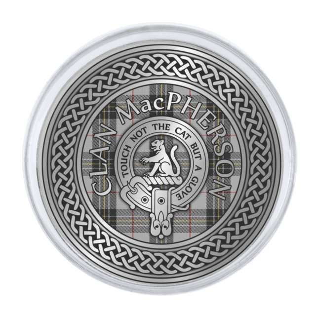 Clan MacPherson Crest & Tartan Knot Silver Finish Lapel Pin (Front)