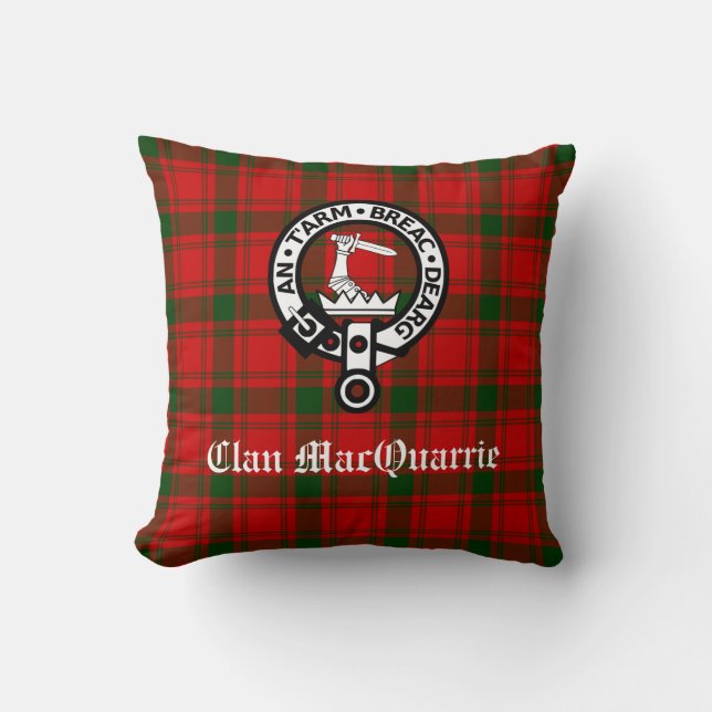 Clan MacQuarrie Tartan and Crest Throw Pillow (Front)