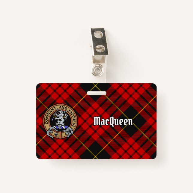 Clan MacQueen Crest over Tartan Badge (Front with Clip)