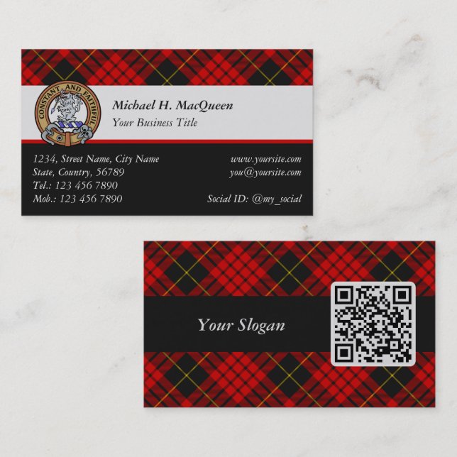Clan MacQueen Crest over Tartan Business Card (Front/Back)
