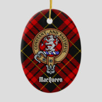 Clan MacQueen Crest over Tartan Ceramic Ornament