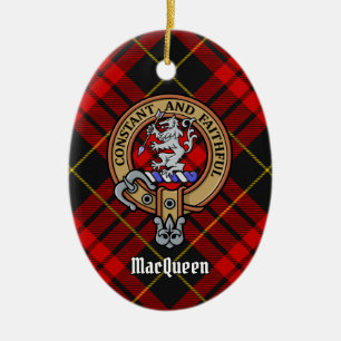 Clan MacQueen Crest over Tartan Ceramic Ornament