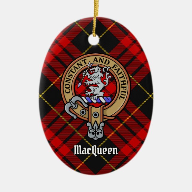 Clan MacQueen Crest over Tartan Ceramic Ornament (Front)