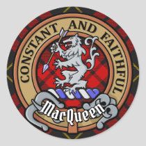 Clan MacQueen Crest over Tartan Classic Round Sticker