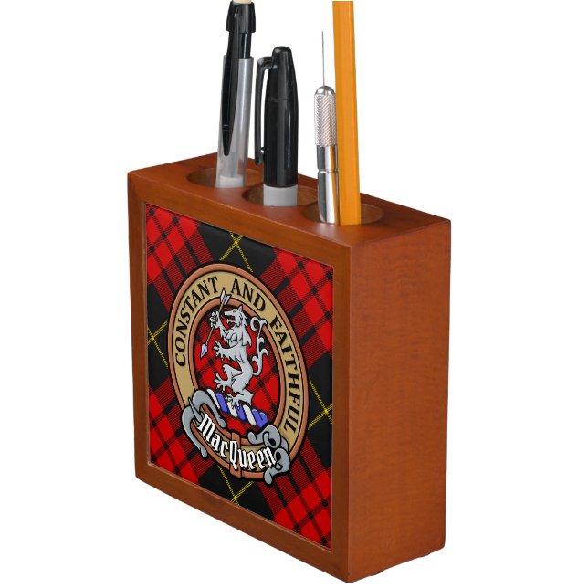 Clan MacQueen Crest over Tartan Desk Organizer (In Situ)