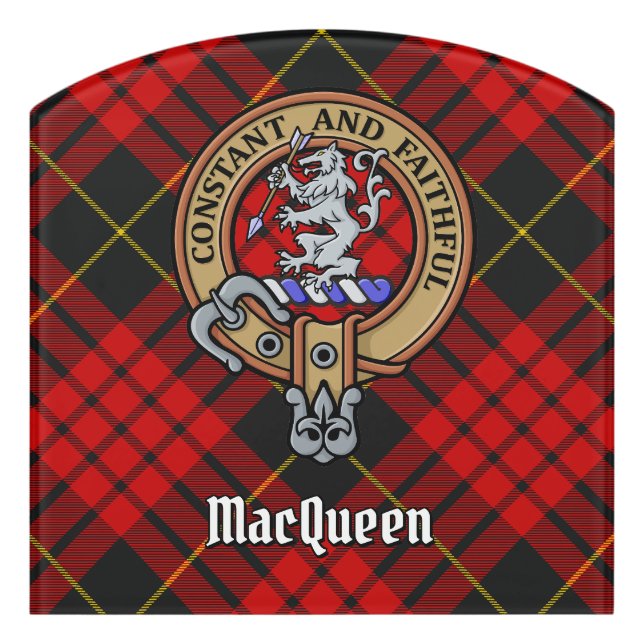 Clan MacQueen Crest over Tartan Door Sign (Contour Front)