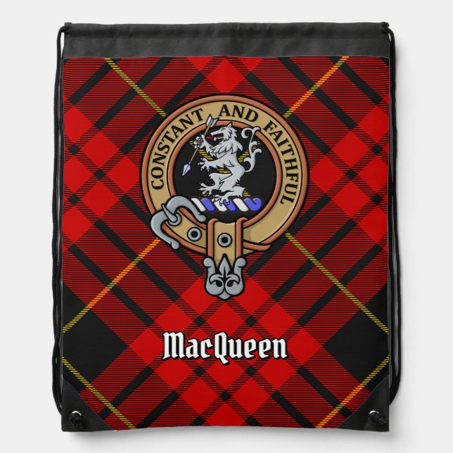 Clan MacQueen Crest over Tartan Drawstring Bag (Front)
