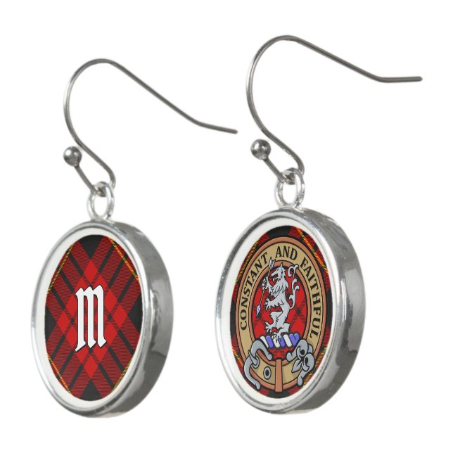 Clan MacQueen Crest over Tartan Earrings (Angled)