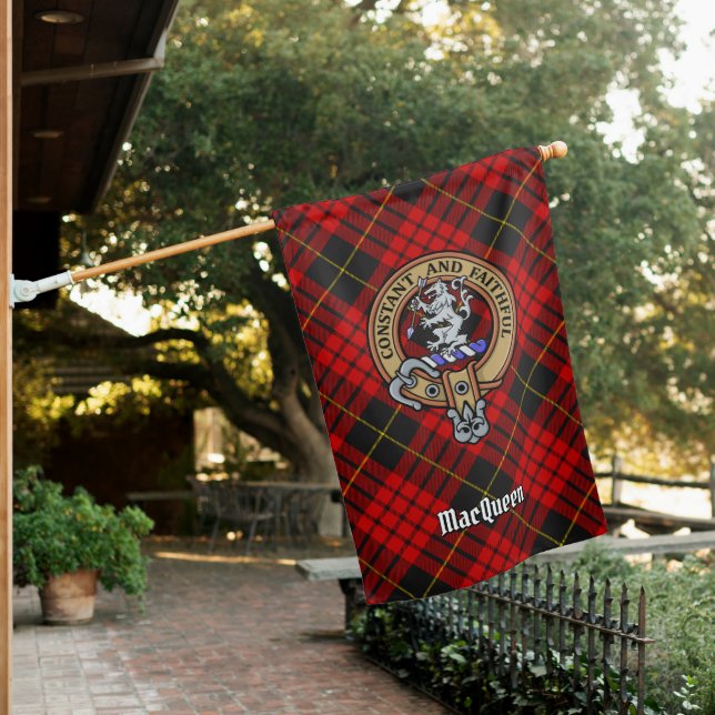 Clan MacQueen Crest over Tartan House Flag (In SItu)