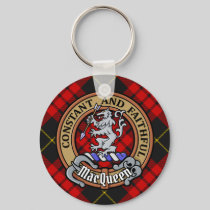 Clan MacQueen Crest over Tartan Keychain