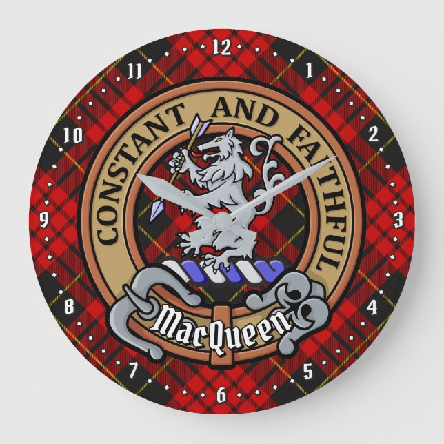 Clan MacQueen Crest over Tartan Large Clock (Front)