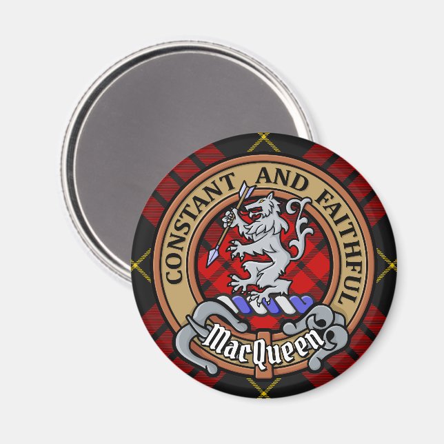 Clan MacQueen Crest over Tartan Magnet (Front/Back)