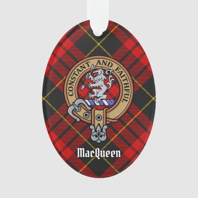Clan MacQueen Crest over Tartan Ornament (Front)