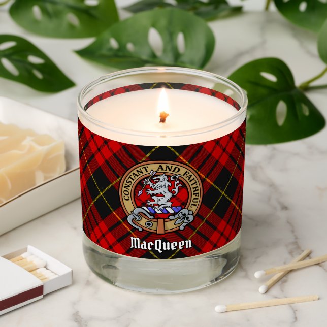 Clan MacQueen Crest over Tartan Scented Candle (Lit)