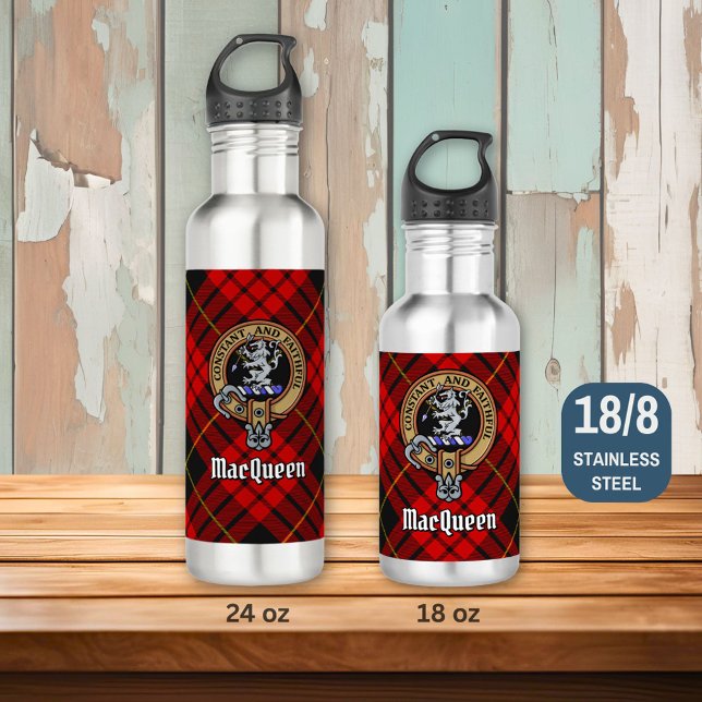 Clan MacQueen Crest over Tartan Stainless Steel Water Bottle (Creator Uploaded)