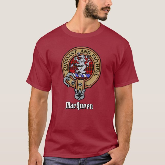Clan MacQueen Crest over Tartan T-Shirt (Front)