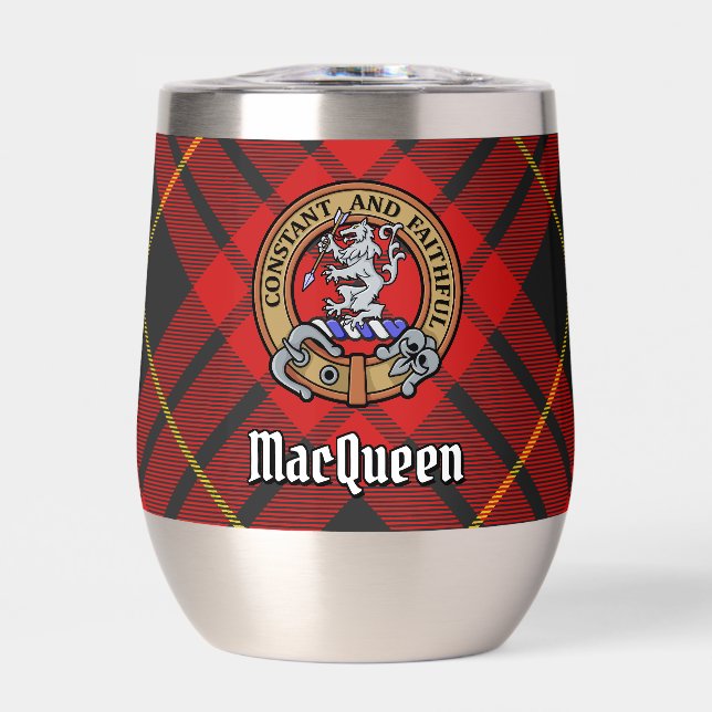 Clan MacQueen Crest over Tartan Thermal Wine Tumbler (Front)