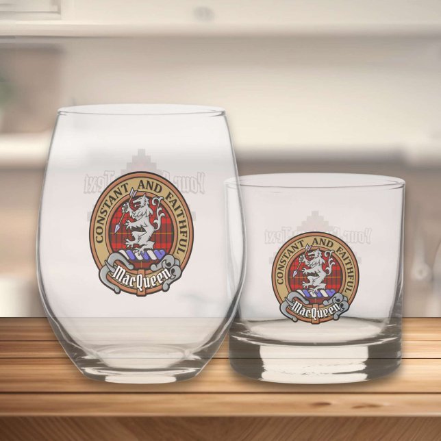 Clan MacQueen Crest over Tartan Whiskey Glass (Creator Uploaded)