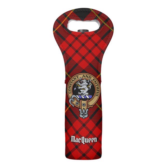 Clan MacQueen Crest over Tartan Wine Bag (Front)