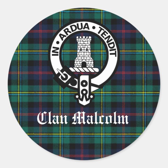 Clan Malcolm Crest Badge and Tartan Classic Round Sticker (Front)
