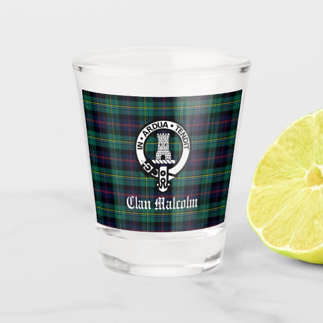 Clan Malcolm Crest Badge and Tartan  Shot Glass (Front)