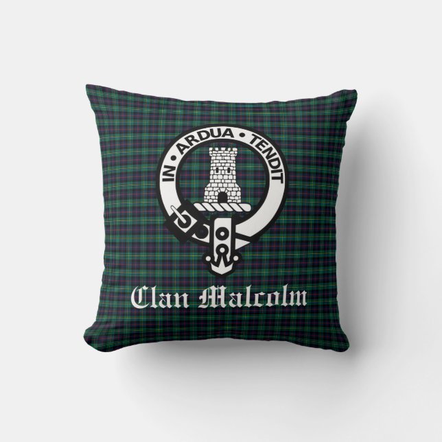 Clan Malcolm Crest Badge and Tartan Throw Pillow (Front)