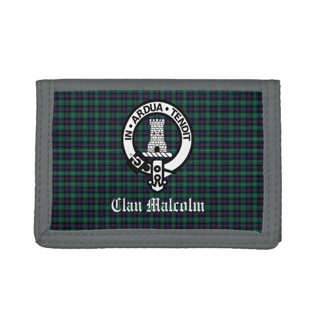 Clan Malcolm Crest Badge and Tartan Trifold Wallet (Front)