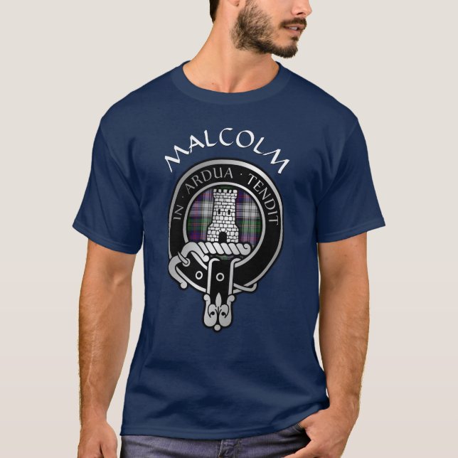 Clan Malcolm Crest & Dress Tartan T-Shirt (Front)
