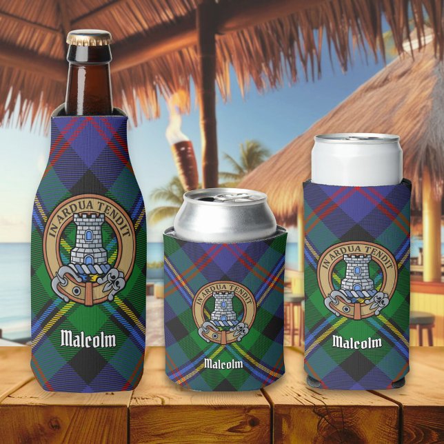 Clan Malcolm Crest over Tartan Bottle Cooler (Creator Uploaded)
