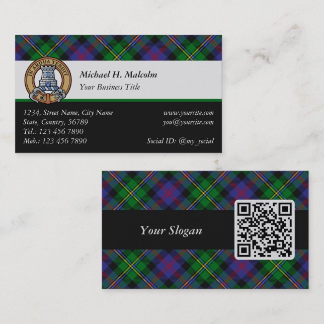 Clan Malcolm Crest over Tartan Business Card (Front/Back)