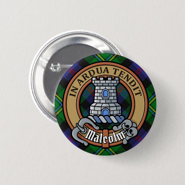Clan Malcolm Crest over Tartan Button (Front & Back)