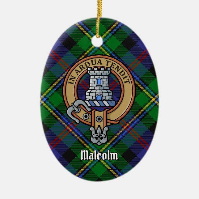 Clan Malcolm Crest over Tartan Ceramic Ornament (Front)