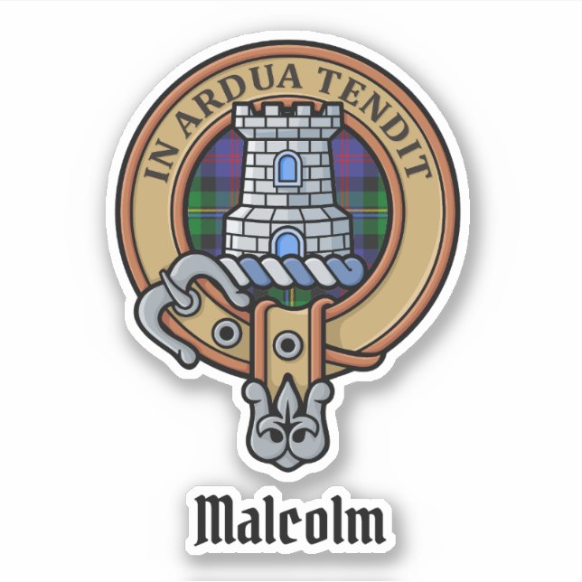 Clan Malcolm Crest over Tartan Sticker (Front)