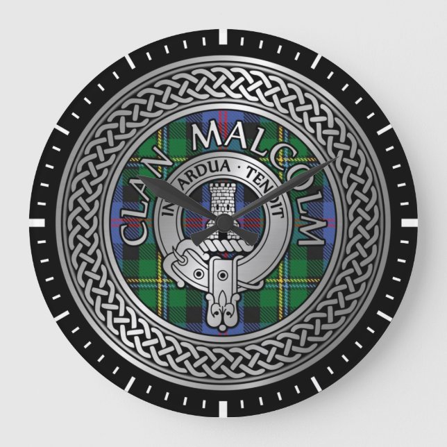Clan Malcolm Crest & Tartan Knot Large Clock (Front)