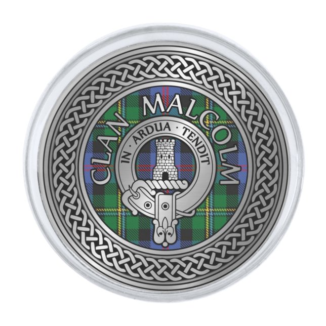 Clan Malcolm Crest & Tartan Knot Silver Finish Lapel Pin (Front)