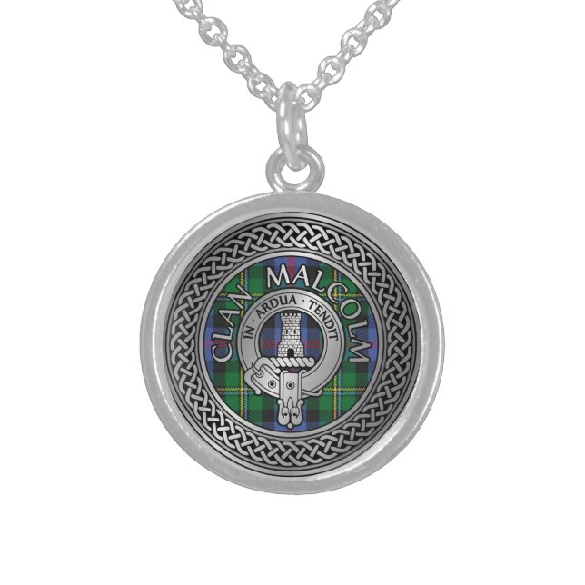 Clan Malcolm Crest & Tartan Knot Sterling Silver Necklace (Front)
