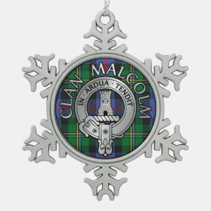 Clan Malcolm Crest & Tartan Snowflake Pewter Christmas Ornament