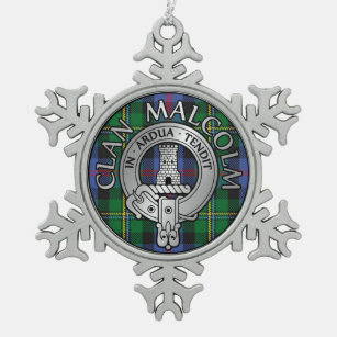 Clan Malcolm Crest & Tartan Snowflake Pewter Christmas Ornament