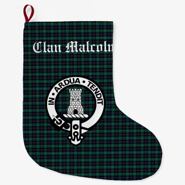 Clan Malcolm Tartan and Crest Large Christmas Stocking (Front)