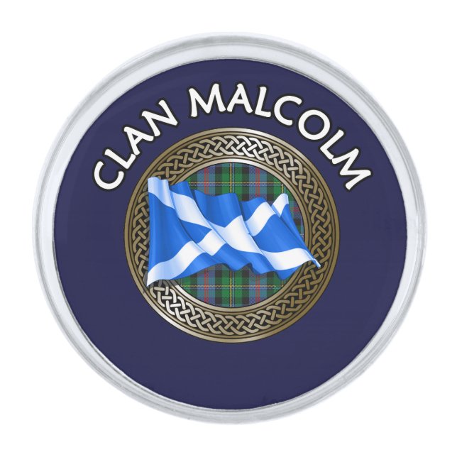 Clan Malcolm Tartan Knot & Flag Silver Finish Lapel Pin (Front)