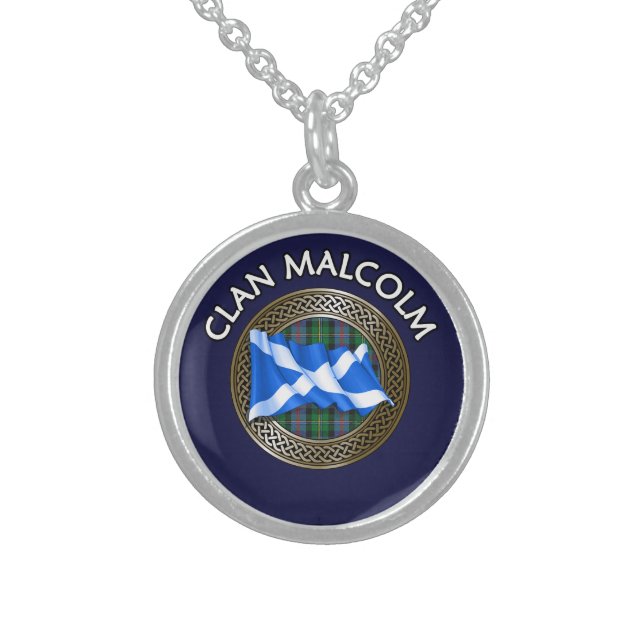 Clan Malcolm Tartan Knot & Flag Sterling Silver Necklace (Front)