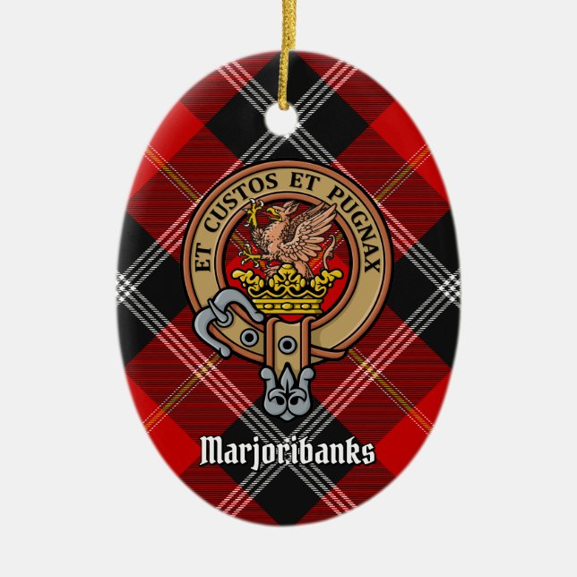 Clan Marjoribanks Crest over Tartan Ceramic Ornament (Front)
