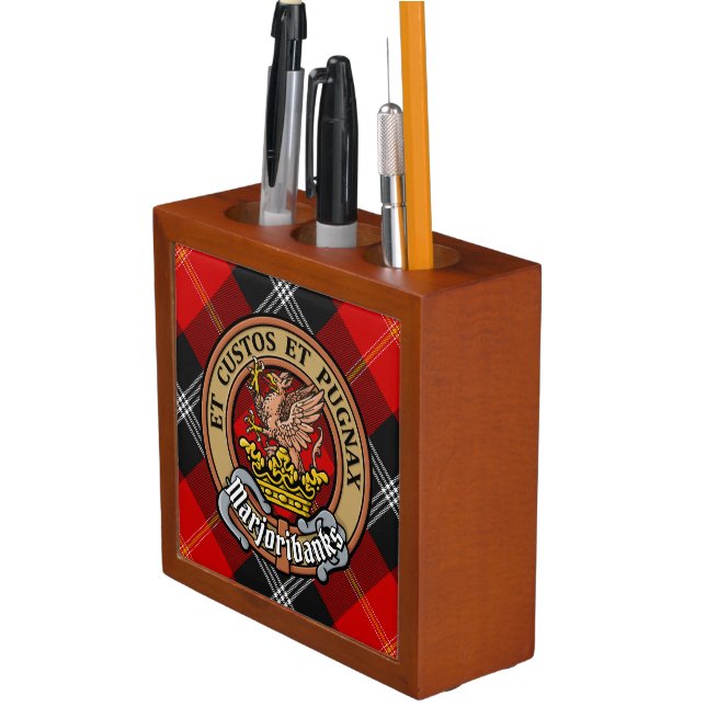Clan Marjoribanks Crest over Tartan Desk Organizer (In Situ)