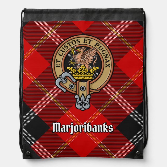 Clan Marjoribanks Crest over Tartan Drawstring Bag (Front)