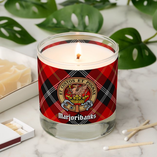 Clan Marjoribanks Crest over Tartan Scented Candle (Lit)
