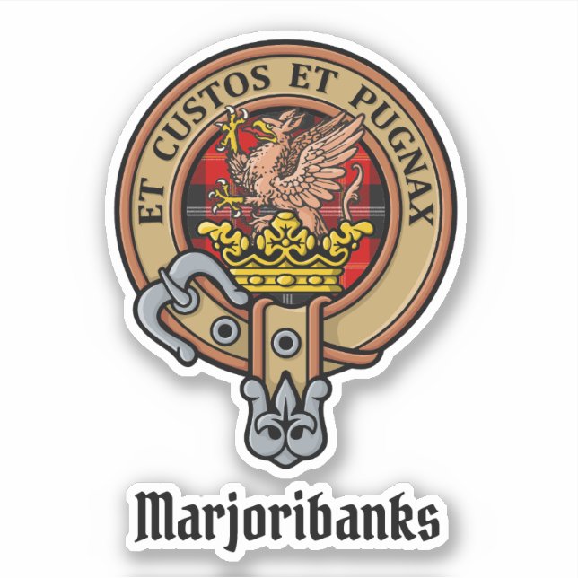 Clan Marjoribanks Crest over Tartan Sticker (Front)