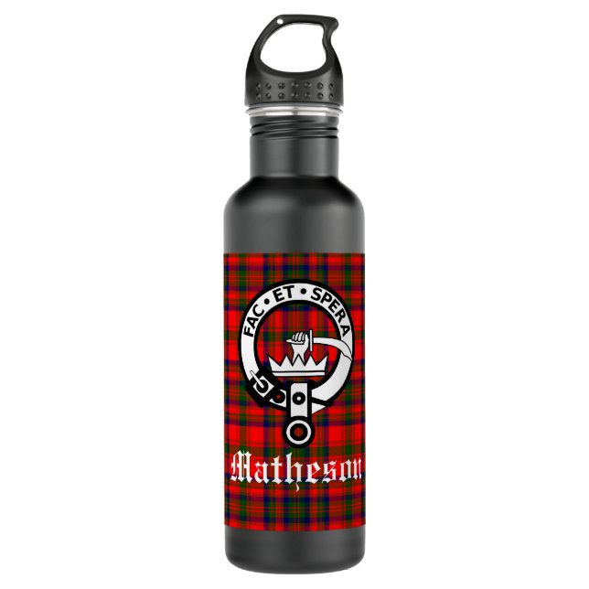 Clan Matheson Crest Badge and Tartan  Stainless Steel Water Bottle (Front)