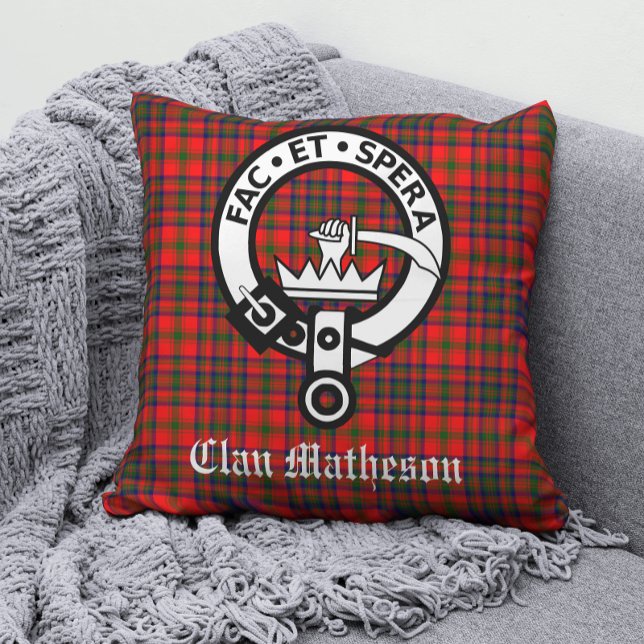 Clan Matheson Crest Badge and Tartan Throw Pillow (Creator Uploaded)