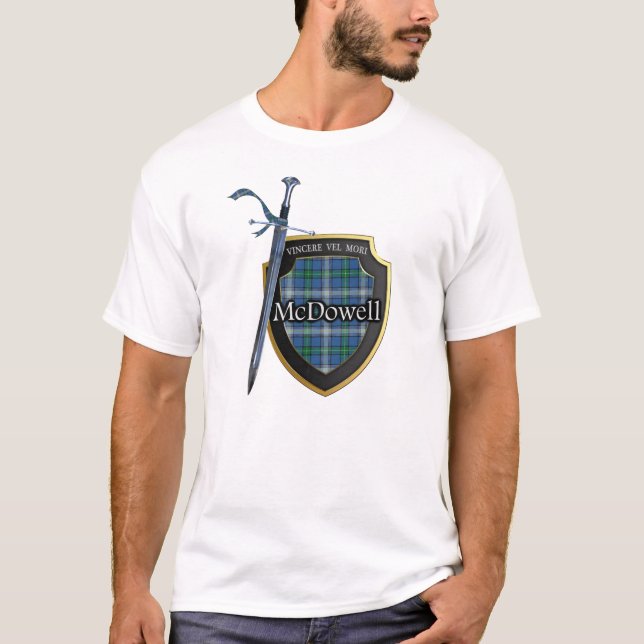 Clan McDowell Tartan Scottish Shield & Sword T-Shirt (Front)
