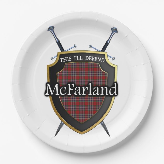 Clan McFarland Tartan Shield & Swords Paper Plates (Front)